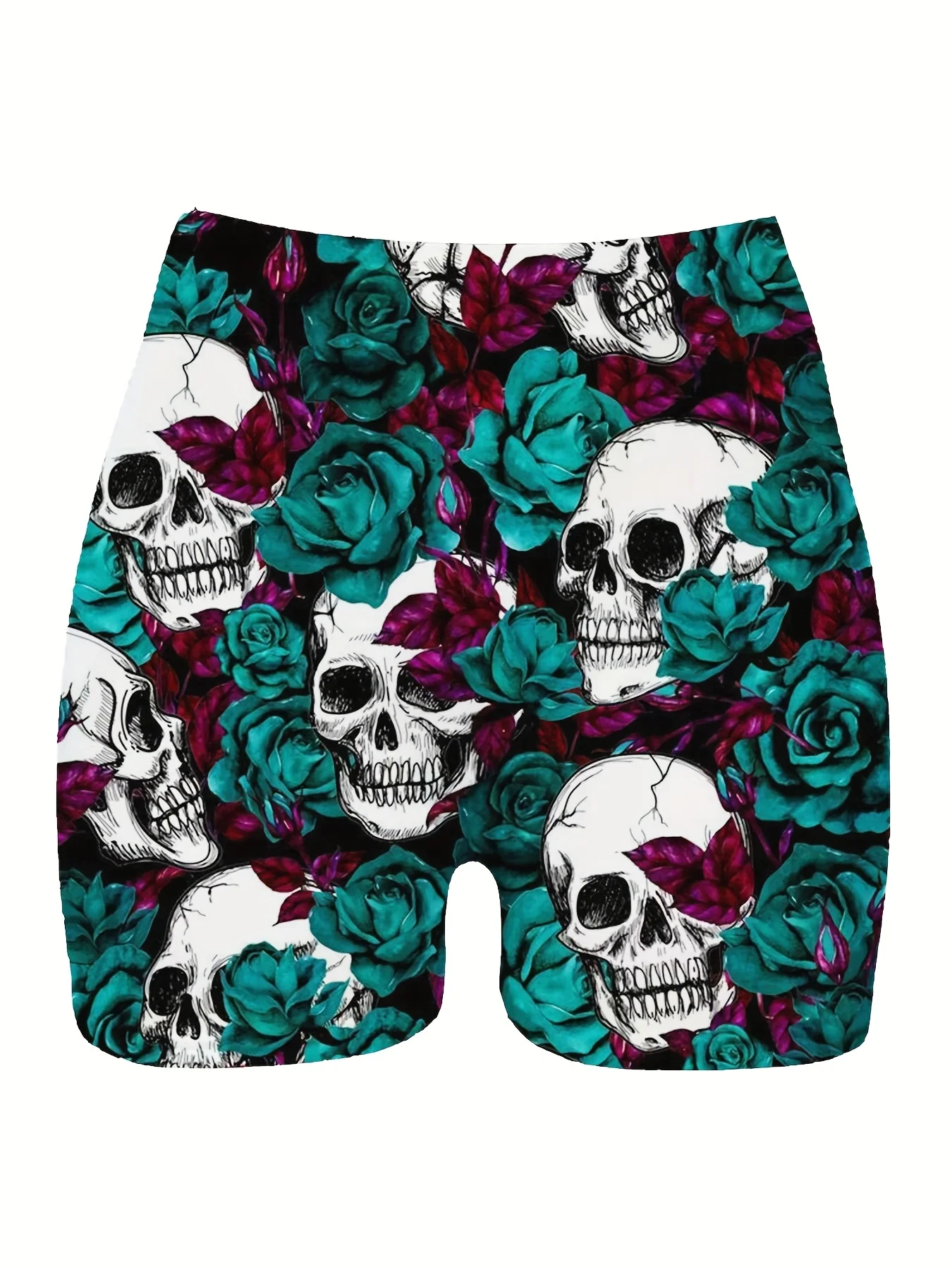 Women's High-Waisted Skinny Shorts Stretchy Leggings-like Fit with Skull Floral Print Edgy Gothic Punk Style Machine Washable
