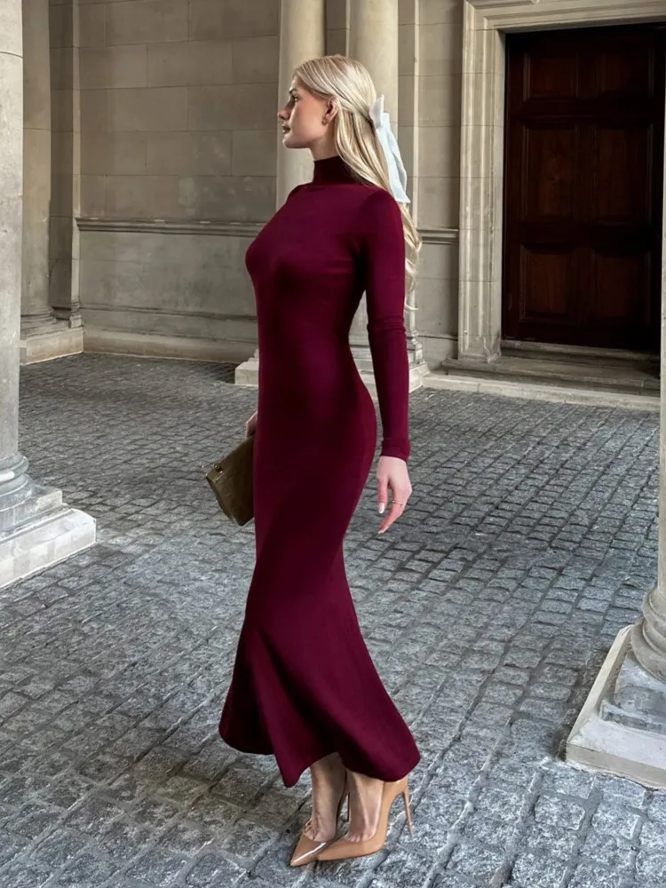 

New Autumn Winter Wine Red Vintage Long Dress Half High Neck Tight Knitting Women Dress Fashionable Fishtail Vestidos 2024 New