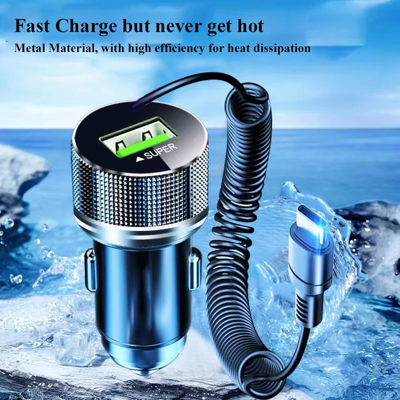 EDEBA Metal USB Car Charger with Type C Cable 12V Super Fast Charging Vehicle Adapter 2 in 1 for iPhone Samsung Huawei VIVO OPPO