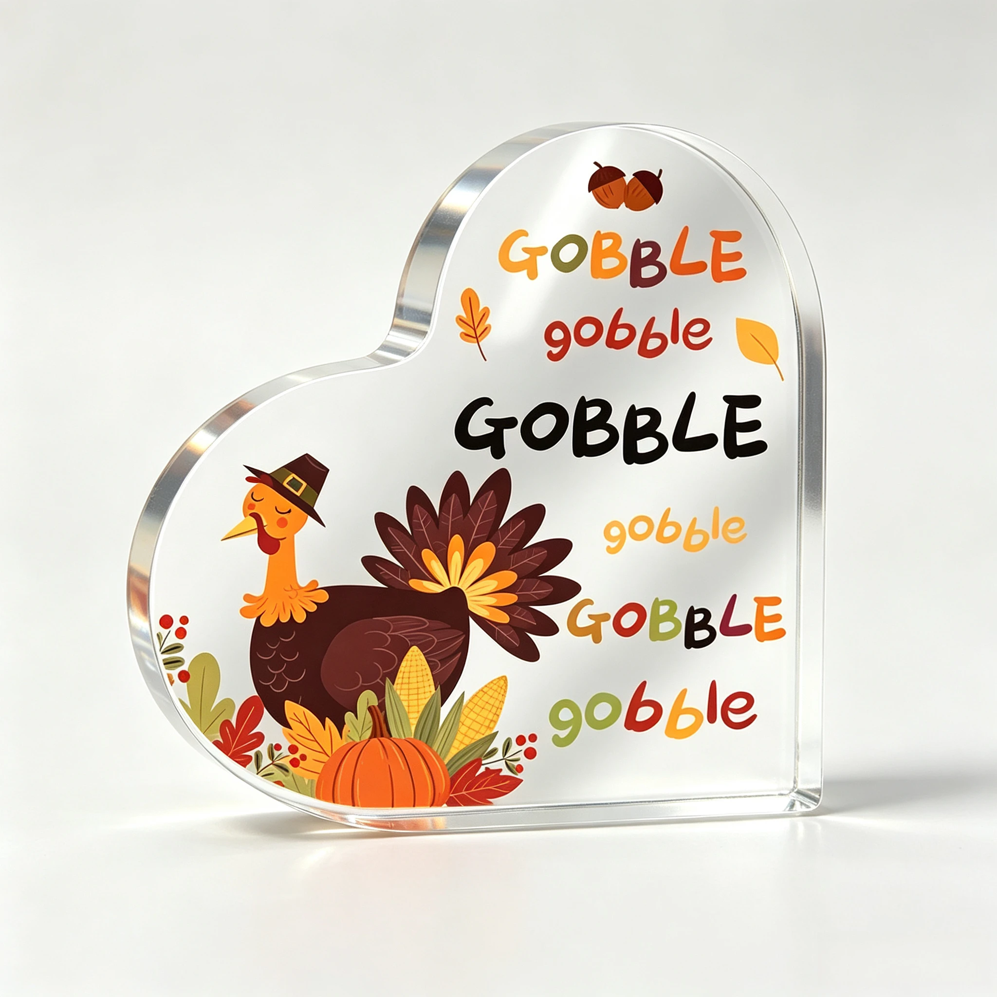 Gobble Gobble Heart‑Shaped Acrylic Plaque, Thanksgiving Turkey Desktop Decor