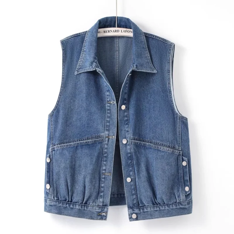 

2024 New Spring and Autumn Vintage Minimalist Casual Versatile Sleeveless Solid Color Rivet Pocket Women's Jackets Coats Top