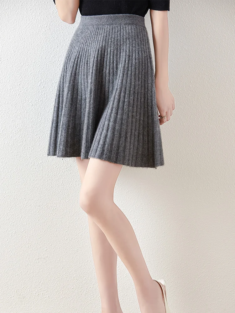 Women's Wave Short Skirt 100% Merino Wool Mini Skirts Autumn Winter Sweater Umbrella Skirt High Waist Stretch Sweet Knit Dresses