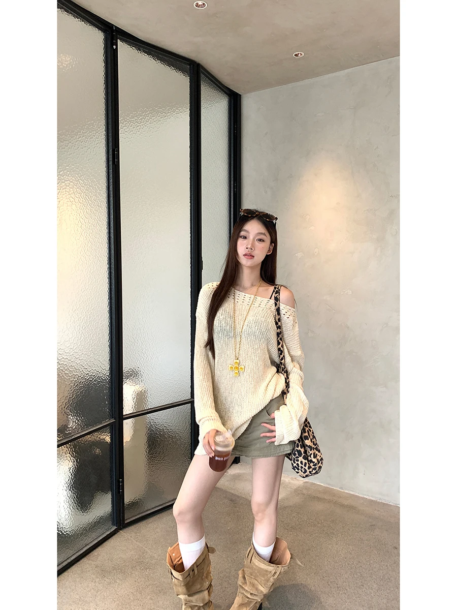 Zomer nieuwe losse gebreide zonbescherming top uitgehold oulder ontwerp dames bovenkleding airconditioning irt rood Celebri...