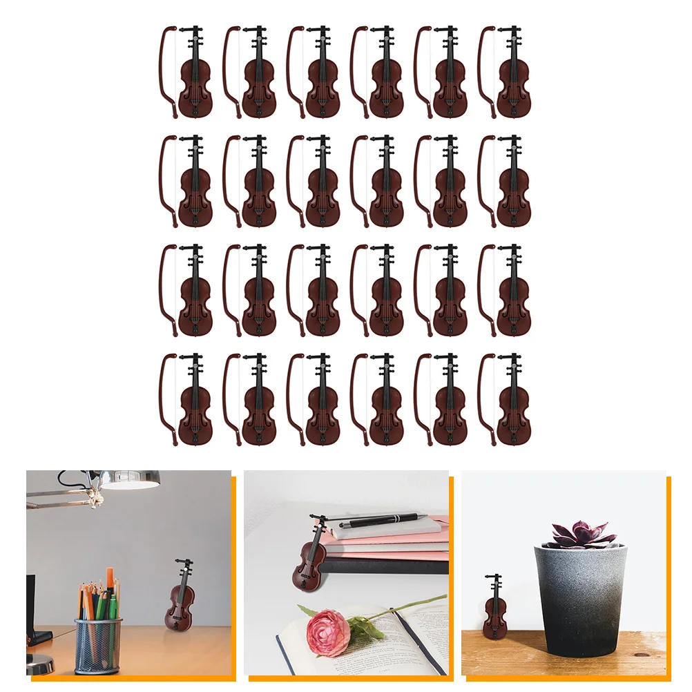 

24 Sets 3 2x8 5CM Wood Grain Mini Violin Model Decorative Ornament Plastic Realistic Design Desk Accessories Miniature