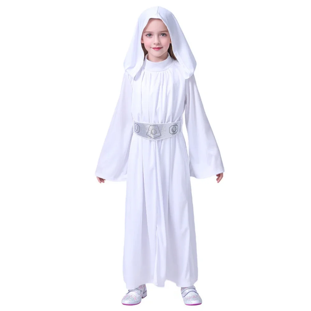 

Child Princess Leia Cosplay Fancy-dress Girls White Hooded Robe Kids Outfit With Wig Halloween Carnival Party Costume