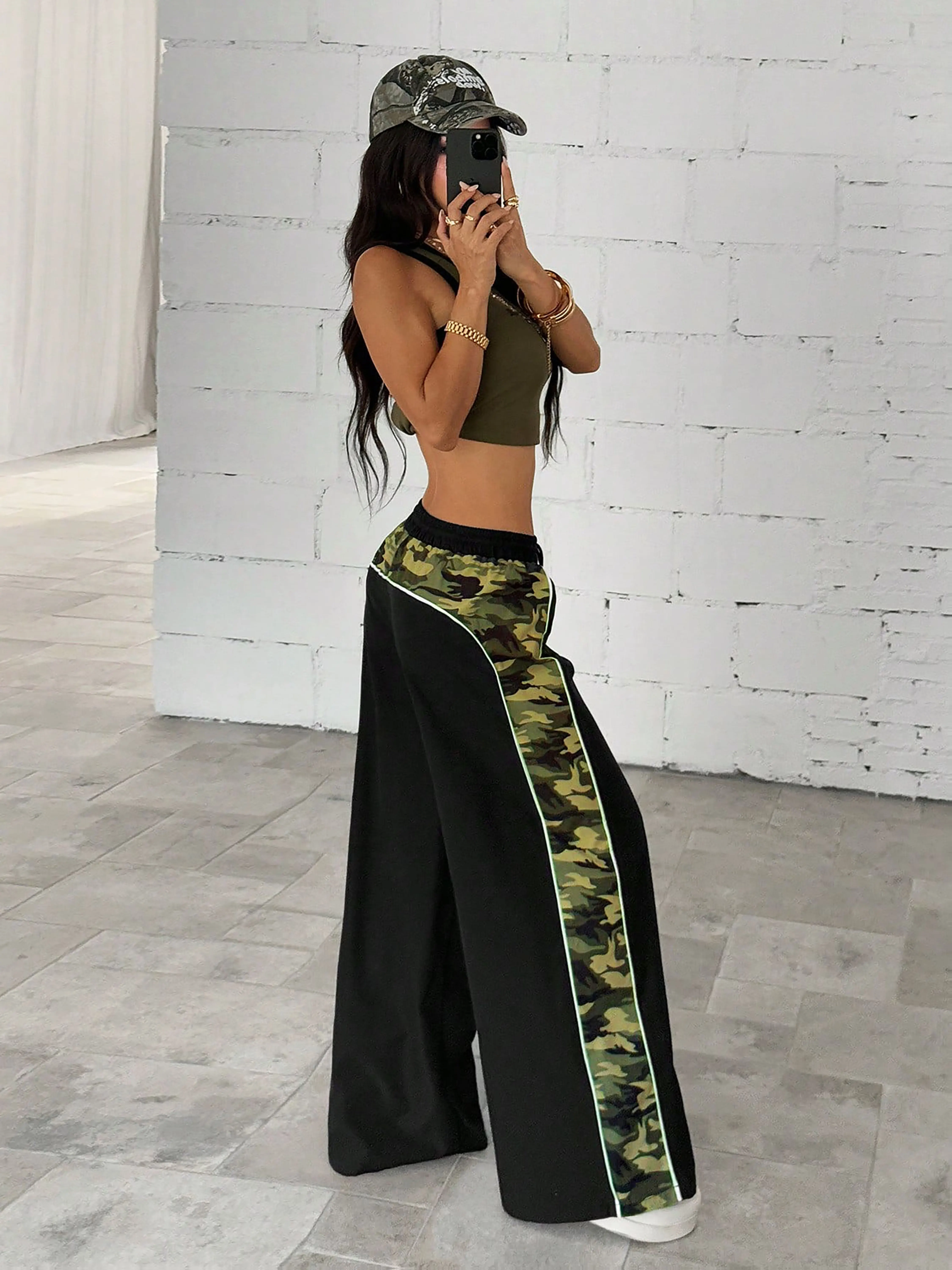 Women Patchwork Wide Leg Pants Side Ethnic Camo Print Elastic Waist Casual Street Trousers