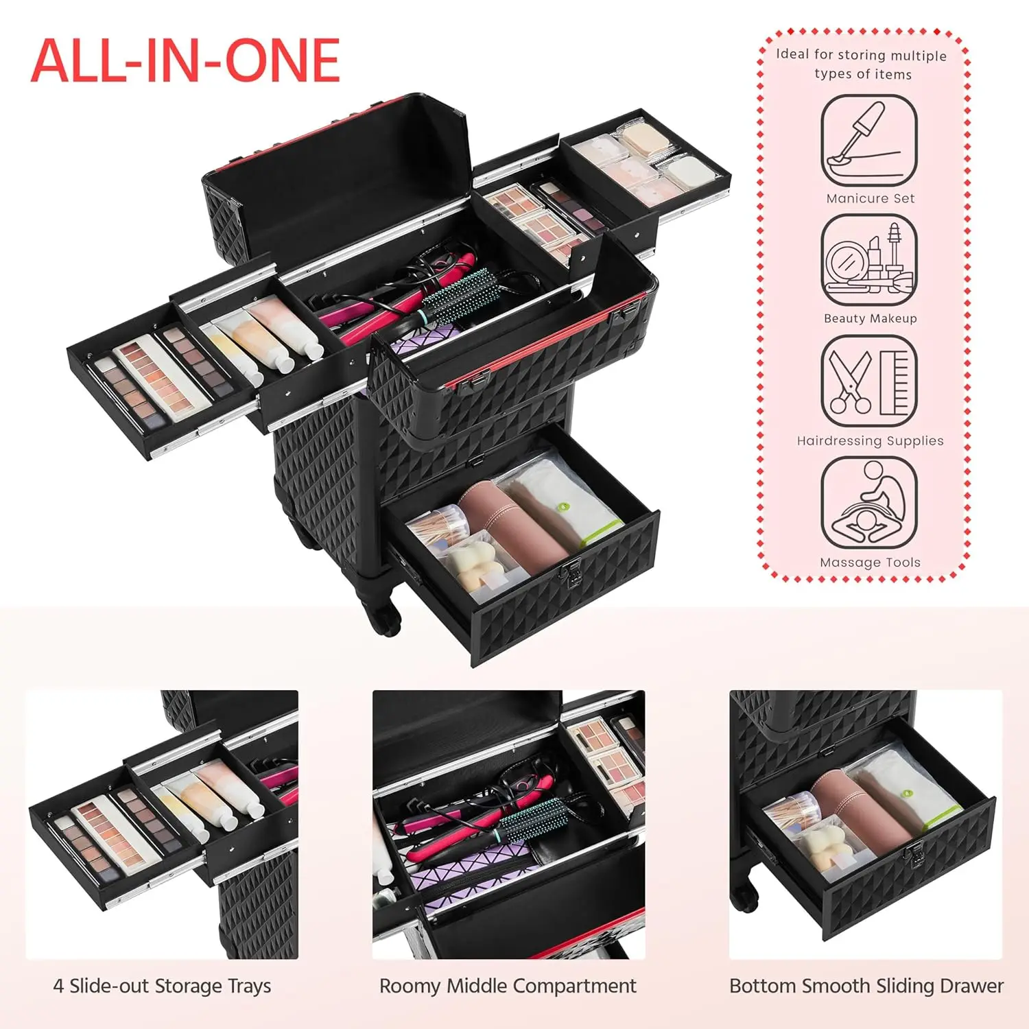 Rolling Makeup Train Case อลูมิเนียมเครื่องสําอางค์ล้อตัดผม Salon ล็อคได้ Travel รถเข็นเลื่อน Dr