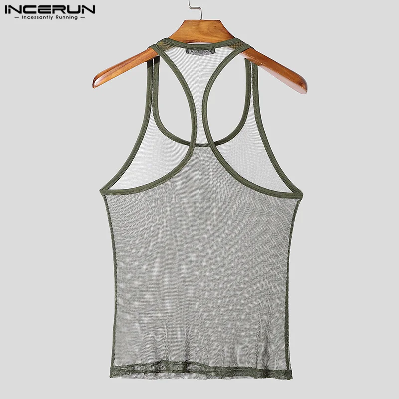 INCERUN Herren Mesh-Tanktops Lässige Einfarbige U-Ausschnitt Männer Sexy Westen Sommer Ärmellose Tops Attraktive Durchsichtige Herrenbekleidung – Detail 12