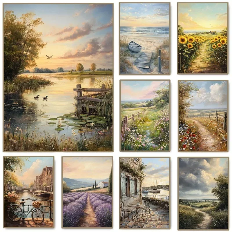 1pc frameless Canvas Painting Vintage Classic Countryside Coastal Landscape Poster Serene Nature Rustic Fields Wall Art for Gall