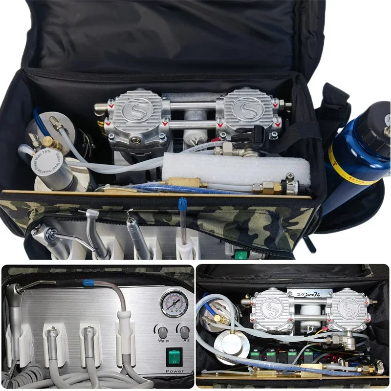 Unidade dentária portátil mochila unidade de turbina de ar 110/220v com compressor de ar sem óleo seringa de 3 vias 2/4 furos tubo de peça de mão