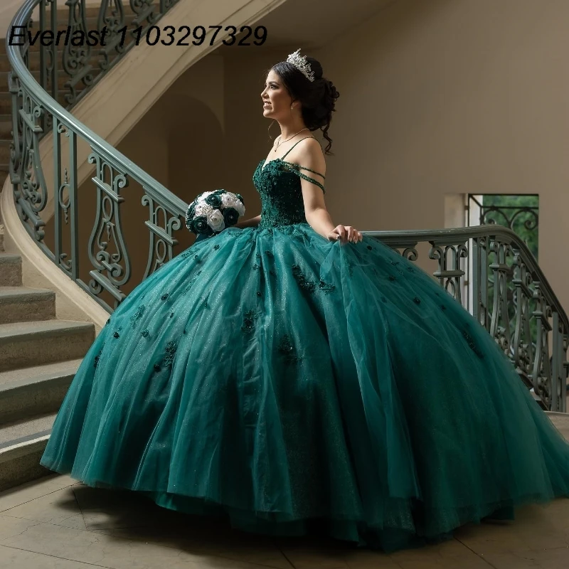 EVLAST Personalizzato Verde Smeraldo Abito Quinceanera Abito di Sfera Applique Floreale In Rilievo Con Mantello Dolce 16 Abiti Da 15 Años TQD878