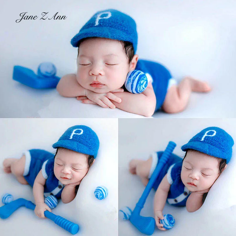 

Newborn baby photography outfit Ice hockey theme knitted costume props set hat romper hocky stick balls infant photo shoot