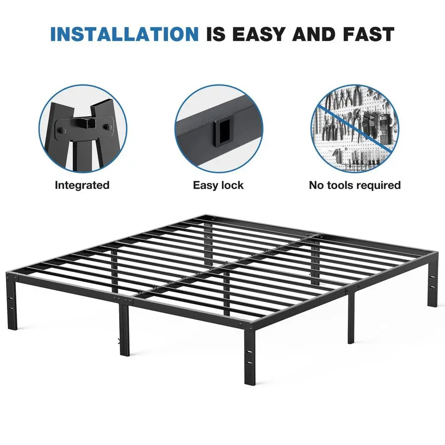 إطار سرير معدني كوين بارتفاع 14 بوصة مع مساحة تخزين، لا حاجة إلى صندوق زنبركي مع دعم شريحة فولاذية قوية، 2200 رطل للخدمة الشاقة