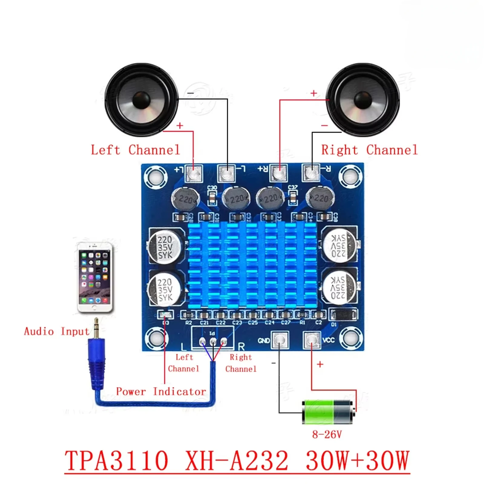 XH-A232 30 واط + 30 واط 2.0 قناة الرقمية ستيريو الصوت مكبر كهربائي مجلس تيار مستمر 8-26 فولت 3A TPA3110