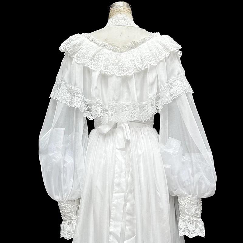 AnXin SH vintage princesa gasa blanca ilusión cuello alto volantes flor encaje manga larga cremallera una línea personalizar vestido de noche