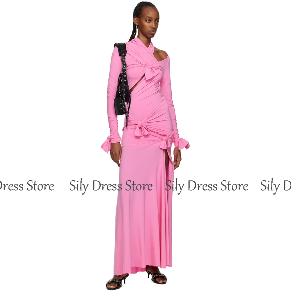 Chic Dresses for Special Occasions Spandex Sheath/Column Formal Evening Dress Pink High Collar Bows Pleat Party Dress Maxi 2025 image 3