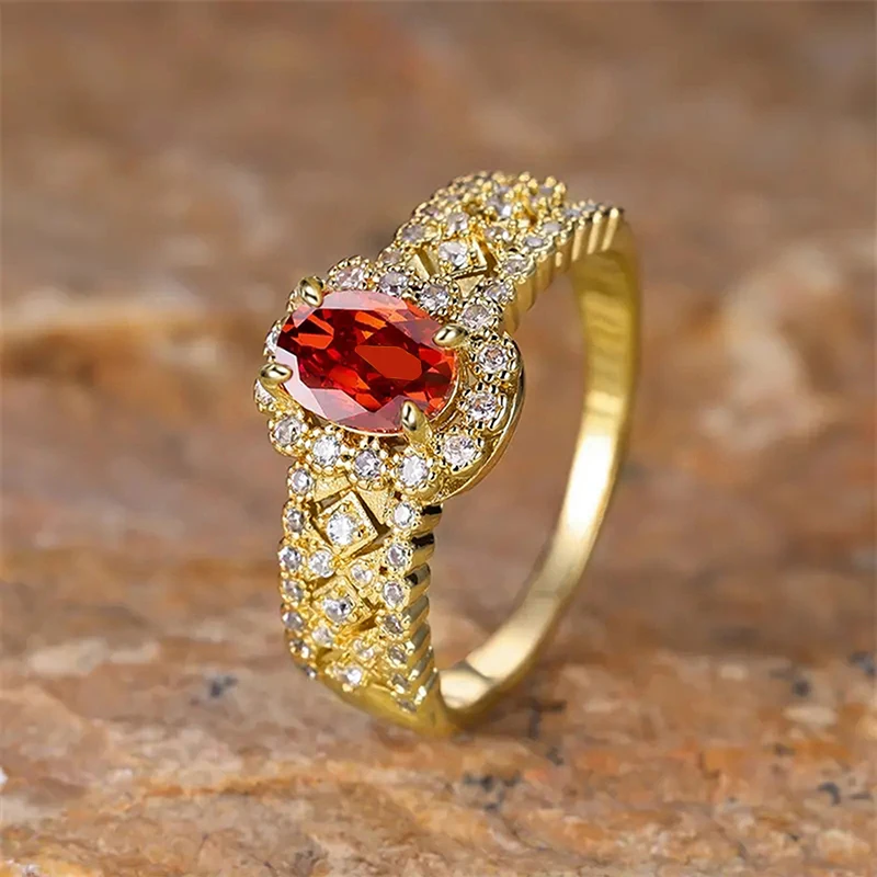 Huitan Gorgeous Gold Color Ring with Garnet Cubic Zirconia for Women Luxury Wedding Accessories Anniversary Party Trendy Jewelry