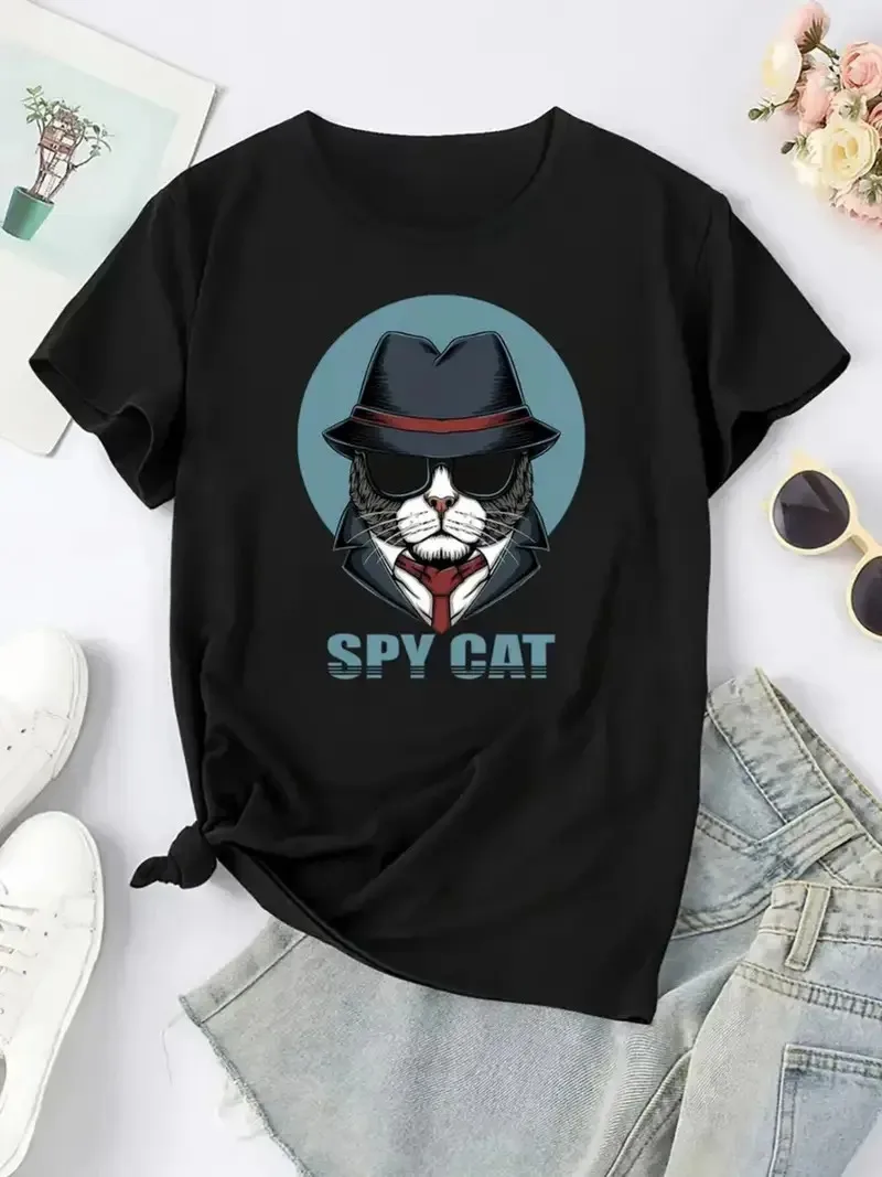 

Spy Cat, Graphic Printing Summer, Autumn and Winter Pure Cotton Men's and Women's T-shirts, Short Sleeves, Luxury Outdoor Sports