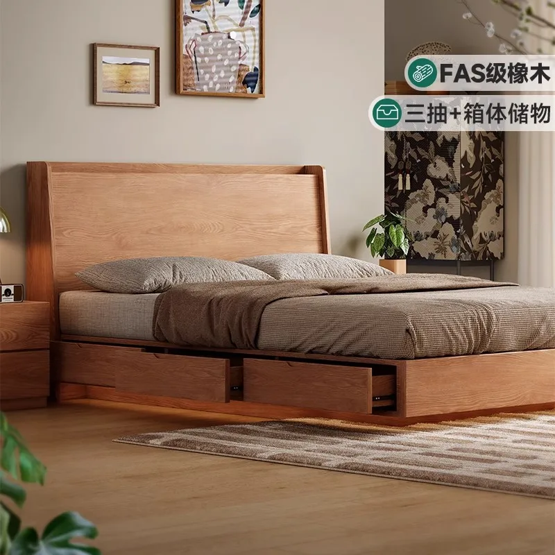 Wooden box Air pressure storage  Modern simple small apartment bedroom Suspended double bed Oak high box bed