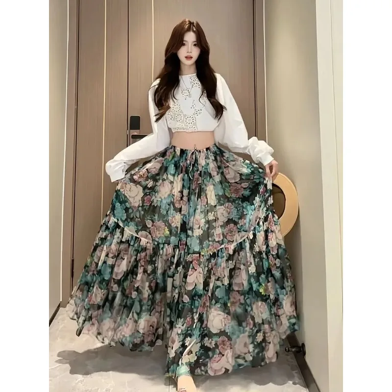 

Women's 2-Piece Vacation Set White Crochet Shirt Floral Tiered Skirt