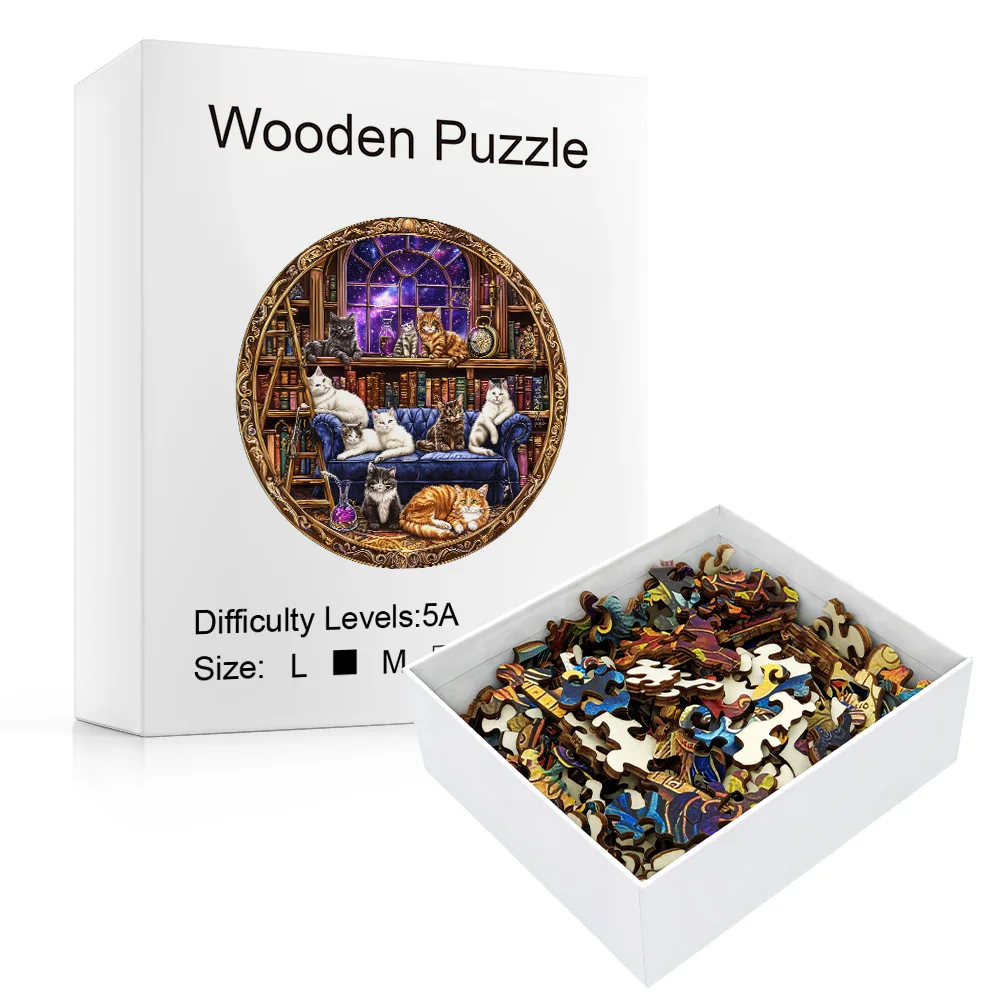 Round Library Cat Wooden Puzzle, Starry Window Book Room Print, Animal Cutouts, Wall Decor, Holiday Gift