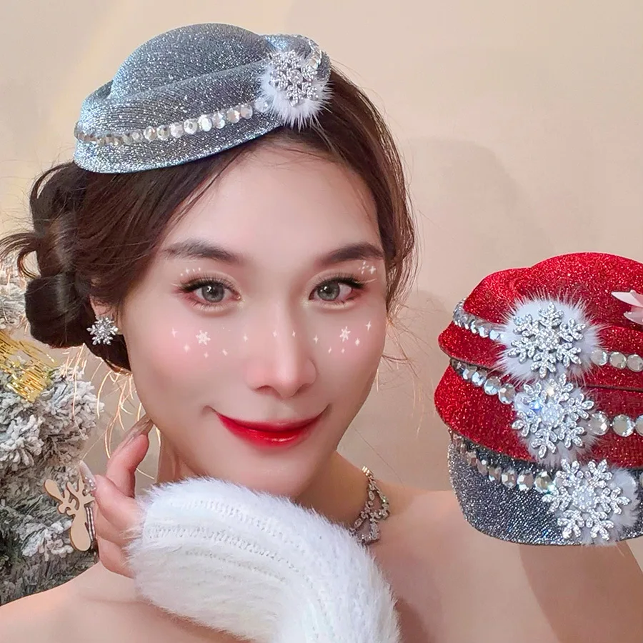 

New Original Snowflake Hair Clips for Women Girls French Rhinestones Beret Shaped Duckbill Clip for Banquet Party Headwear M