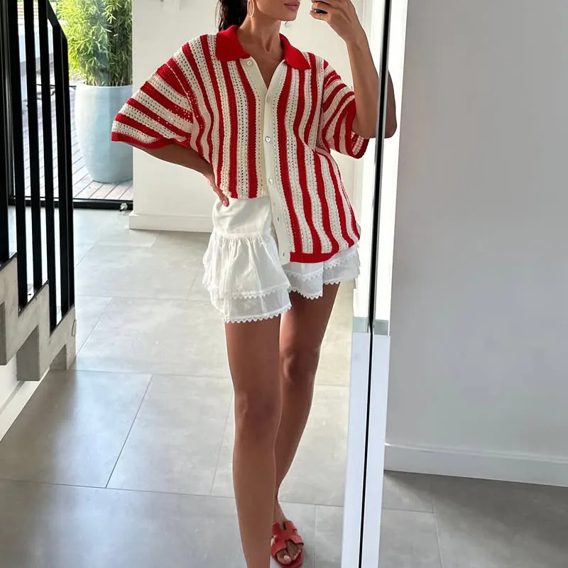 

2025 Spring Summer New Short Sleeve Lapel Shirts Casual Stripe Printed Knitted Tops Fashion Hollow Out Women's Commute Blouse