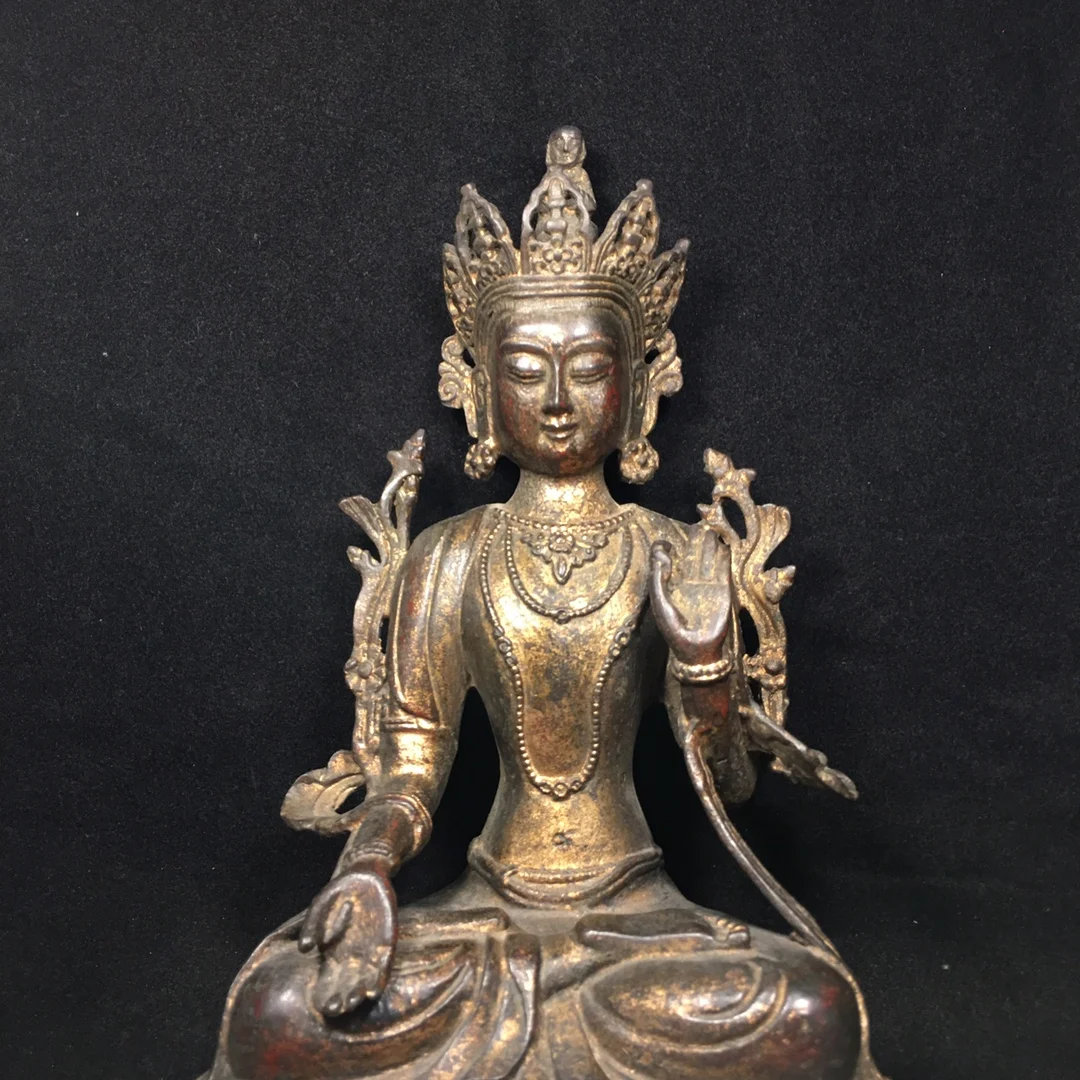 28cm Tibetan Pure Copper Mud Buddha Gold Red Sand Tara Guanyin Bodhisattva Statue Ornament