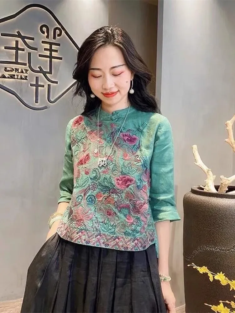 

High-End Cotton Linen irt Summer Women's Sle Embroidered Vintage Button up Top Loose Fit Regular Length irt