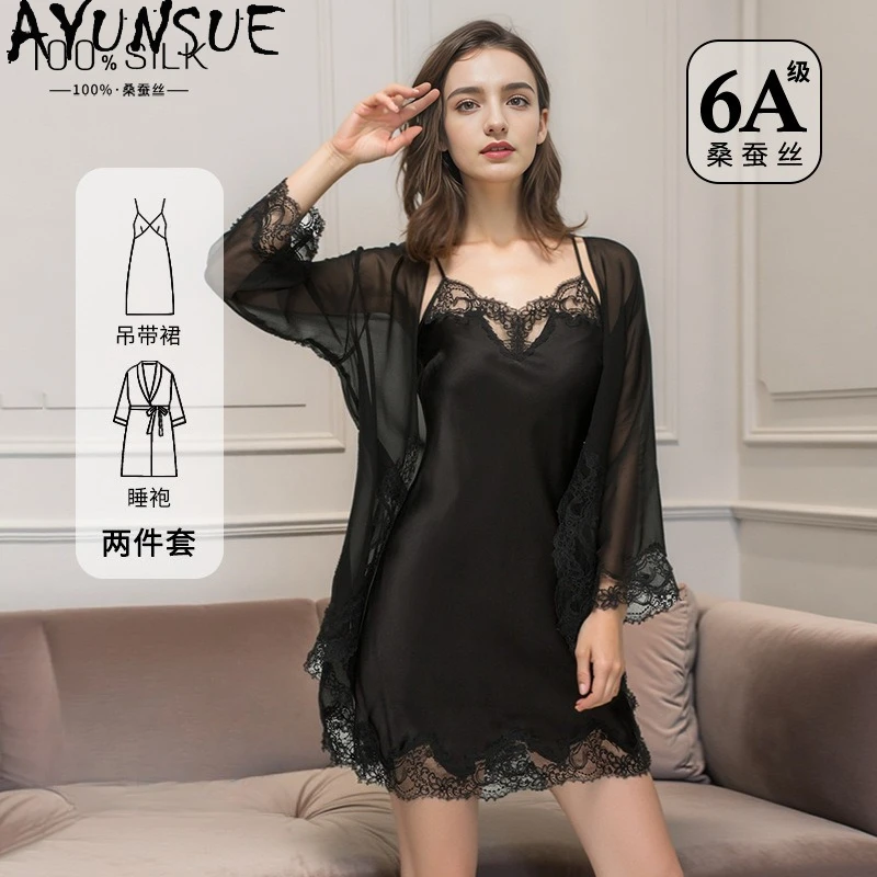 AYUNSUE 100% Silk Women's Pajamas and Robes Short Dress Solid Color Womens Matching Sets Lace Pajamas for Women Пижама Женская