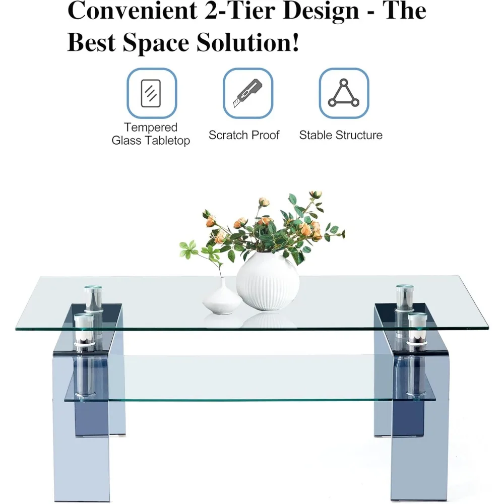 Rectangular Glass Coffee Table with Tempered Glass Top and MDF Layer for Living Room and Office Use