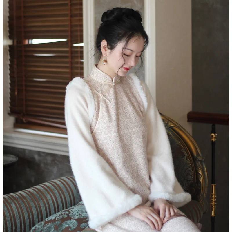 

Карамельное винтажное китайское платье-ципао с длинными рукавами, свободного кроя, с полным разрезом, имитация двух частей, теплое, осенне-зимнее