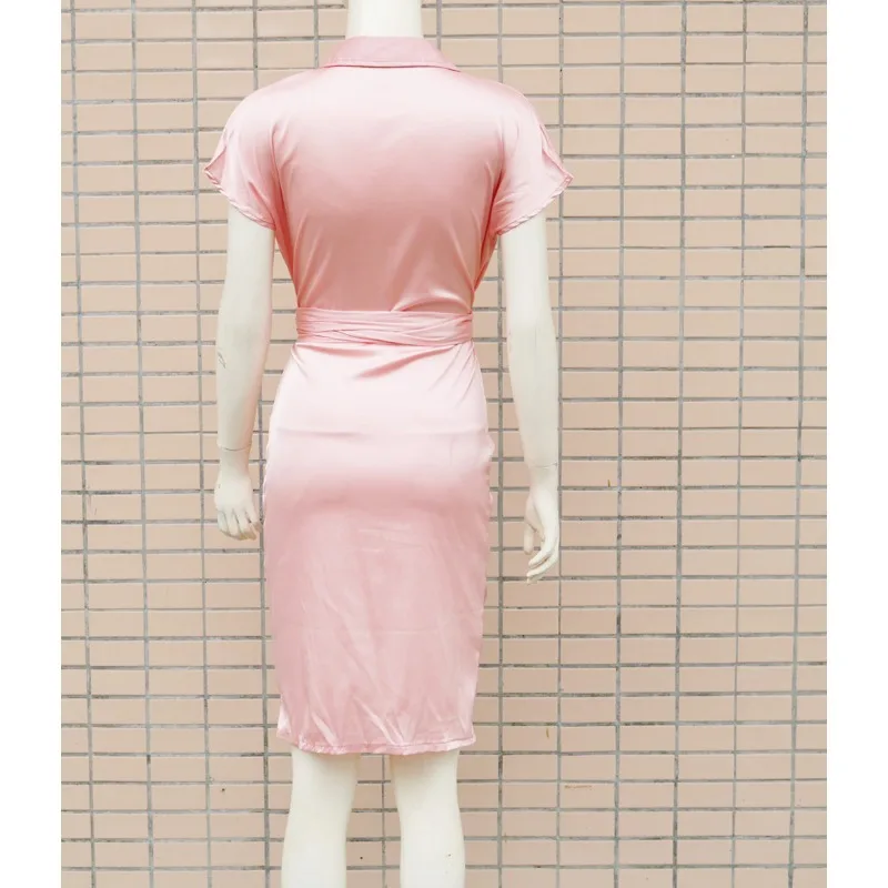 Women's Fashion Lapel Short Sleeved Pleated Sexy Dress Temperament Commuting Female Clothing Woman High Waist Elegant Dresses