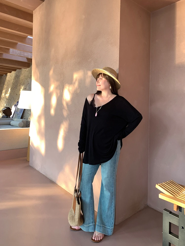 

Ретро джинсы-клеш свободного кроя с легкой отделкой, большие размеры, женские, весенняя новинка, повседневные джинсы с высокой талией для полных женщин