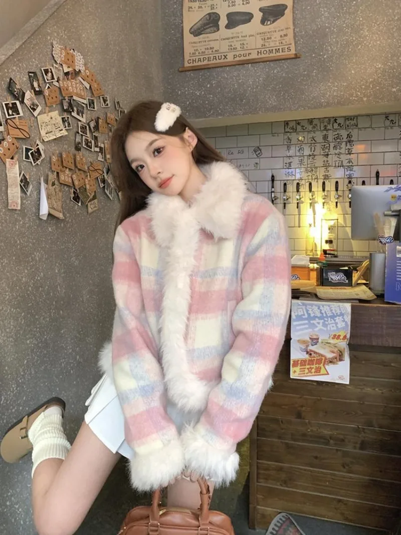 

Sweet Plush Soplice Plaid Woolen Jacket Women Fashion Lapel Contrast Color Soft Glutinous Thicken Korean Winter Warm Lady Parkas