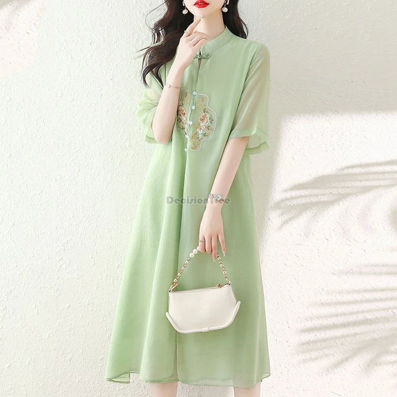 

2026 chinese retro national style traditional hanfu dress women summer embroidery stand collar half sleeve loose yarn cheongsam