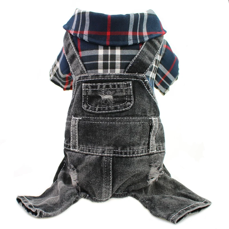 Black Dog Denim Jumpsuit Plaid Shirt Overalls for Dogs, Spring Clothes for Small Dogs Puppy Yorkie Jeans Jacket Pet Apparel