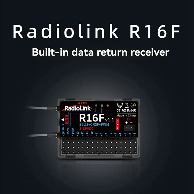 AY14 -Radiolink R16F RC Receiver 16 Channel 2.4Ghz With Gyro, Voltage Telemetry, 600M Range For RC Car, Boat, Airplane