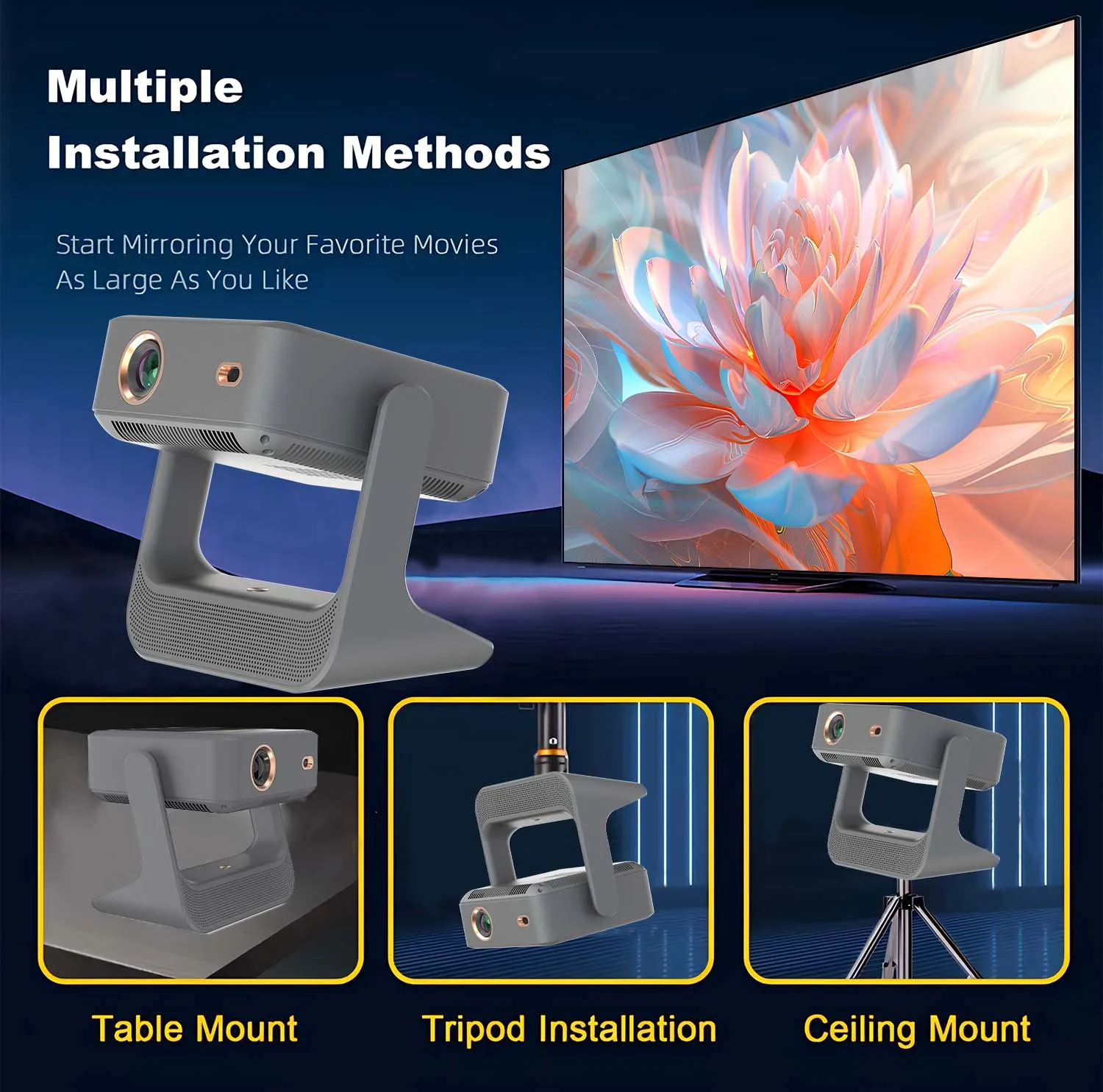 Projektor 4K 1080P, 8" Touch, kabelloses Bluetooth, Dual-Screen-Switch, HDMI USB, Heimkino-Gaming