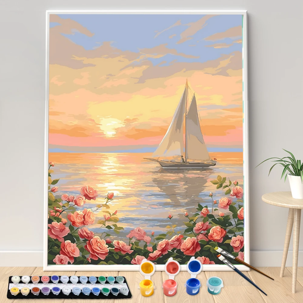 Painting by Numbers Sailboat in the sunset Digital Painting Handmade Adult Children Gift Wall Decoration Digital Art