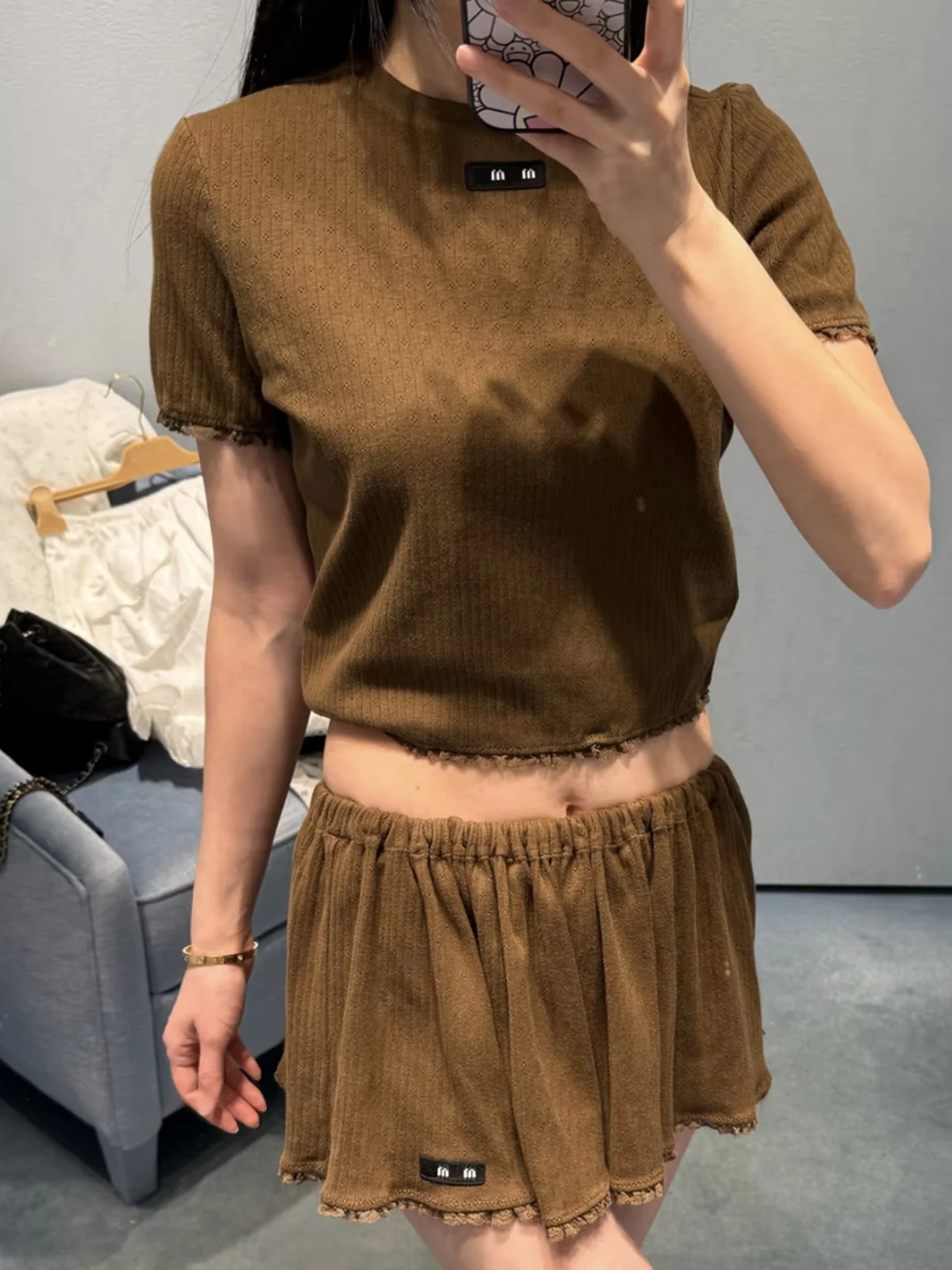 

MUAUU GIRL Lace Trim Letter Patchwork Knitwear Short Sleeve Vest Half Skirt Set Casual Style Soft Cotton Summer Outfit for Teens