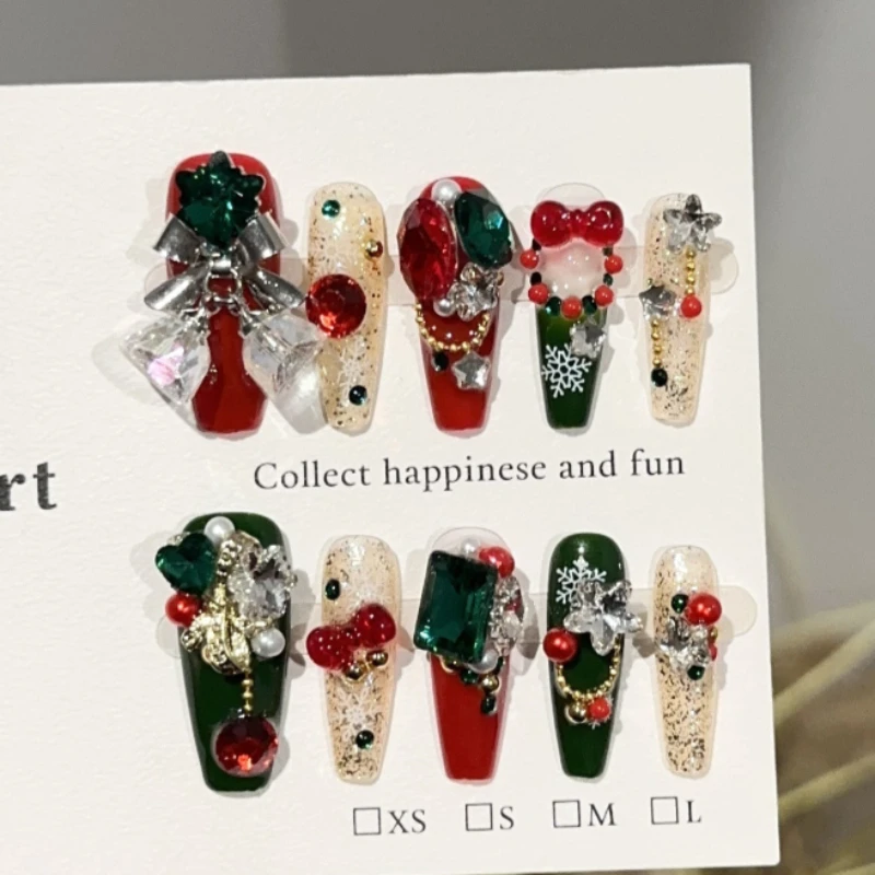 Medium Coffin Christmas Press On Nails Red Green Glitter Base 3D Bell Bow Rhinestone Snowflake Handmade Fake Nails For Women