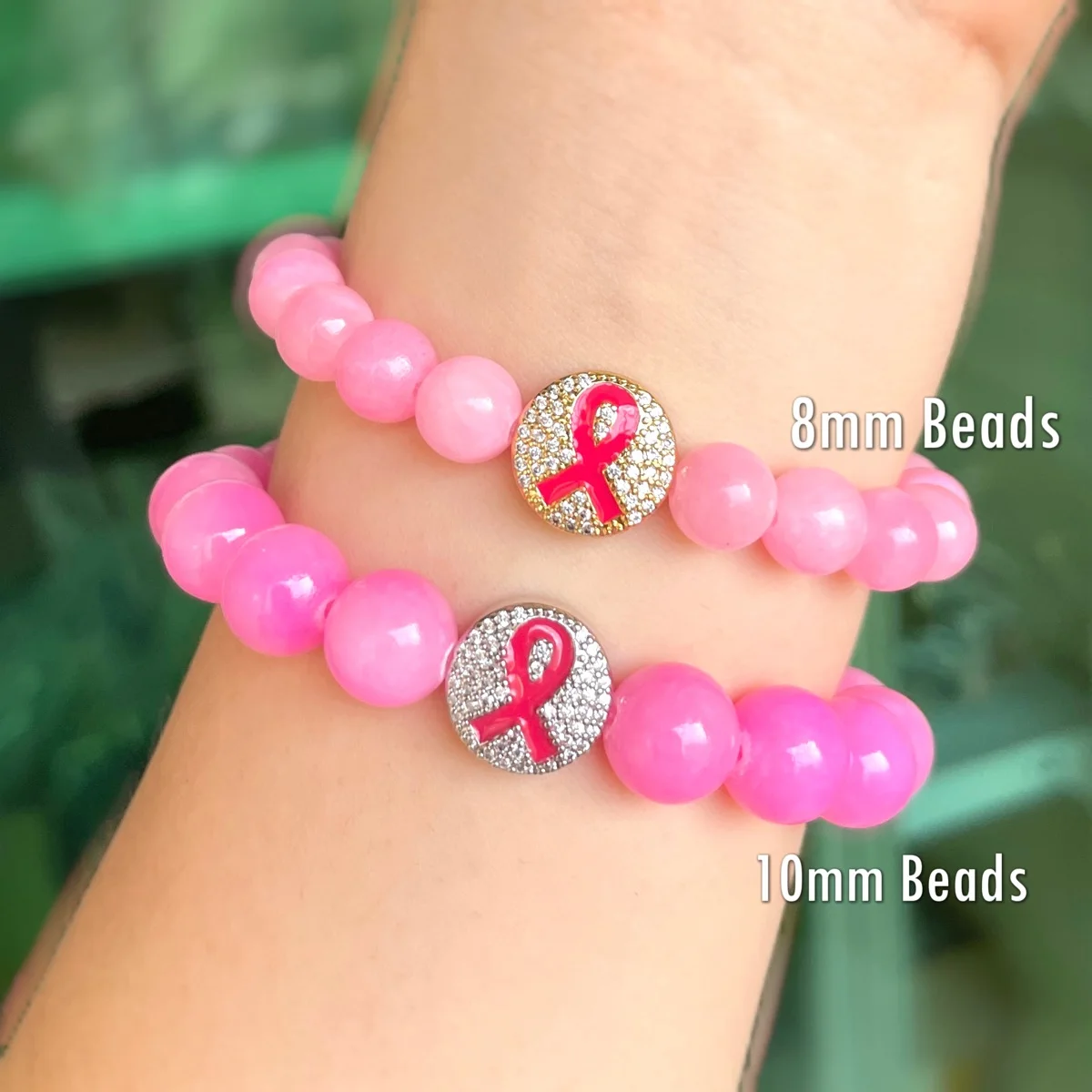 10pcs 13mm Pink Ribbon Bling Round Spacers Beads for Breast Cancer Awareness Women Bracelets Necklaces Making Jewelry Accessory