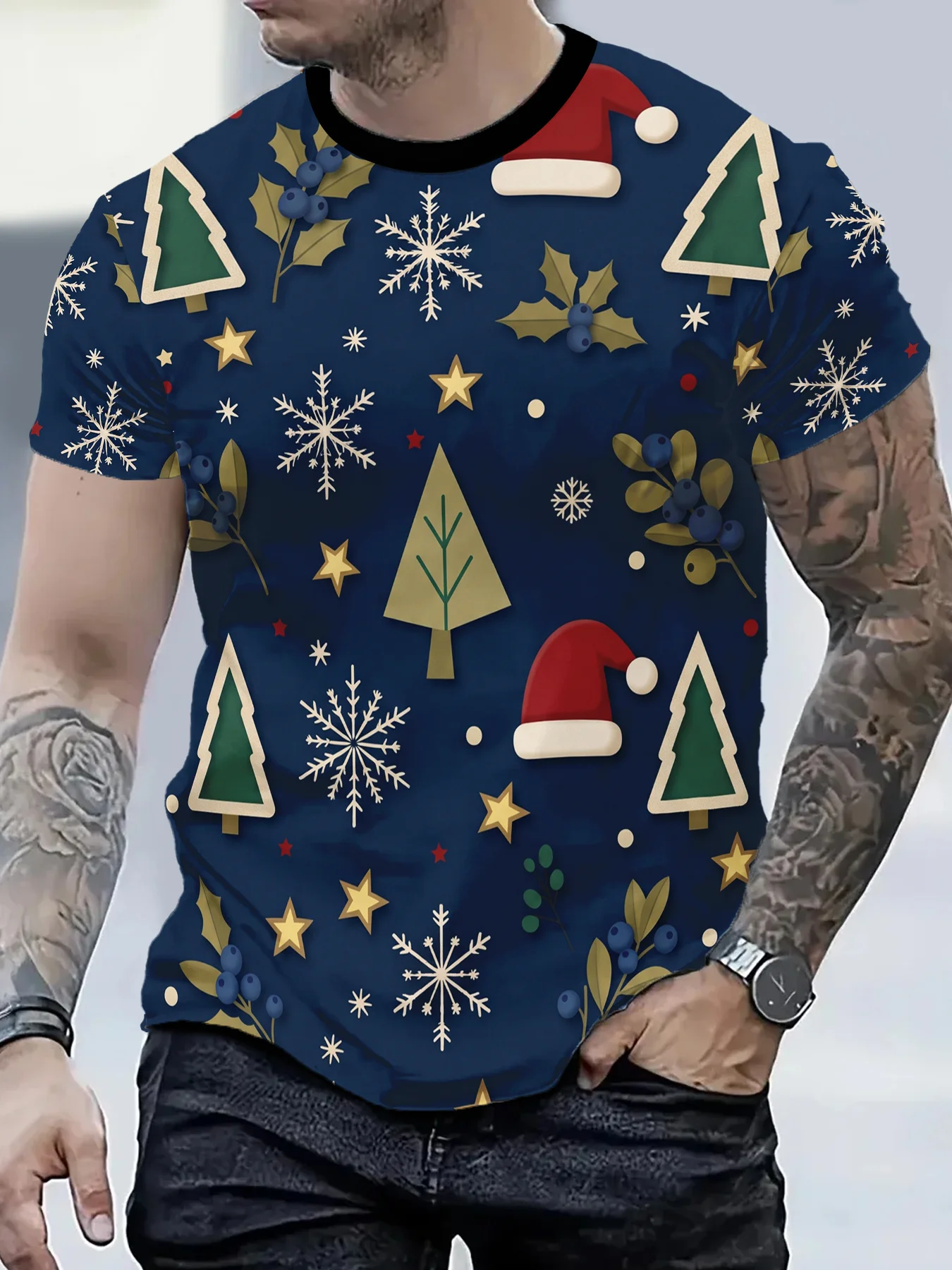 Men 3D Paper-Cut Christmas Print Short Sleeve T-Shirt, Christmas Tree Santa Hat Snowflakes Berries Winter Holiday Round Neck Top