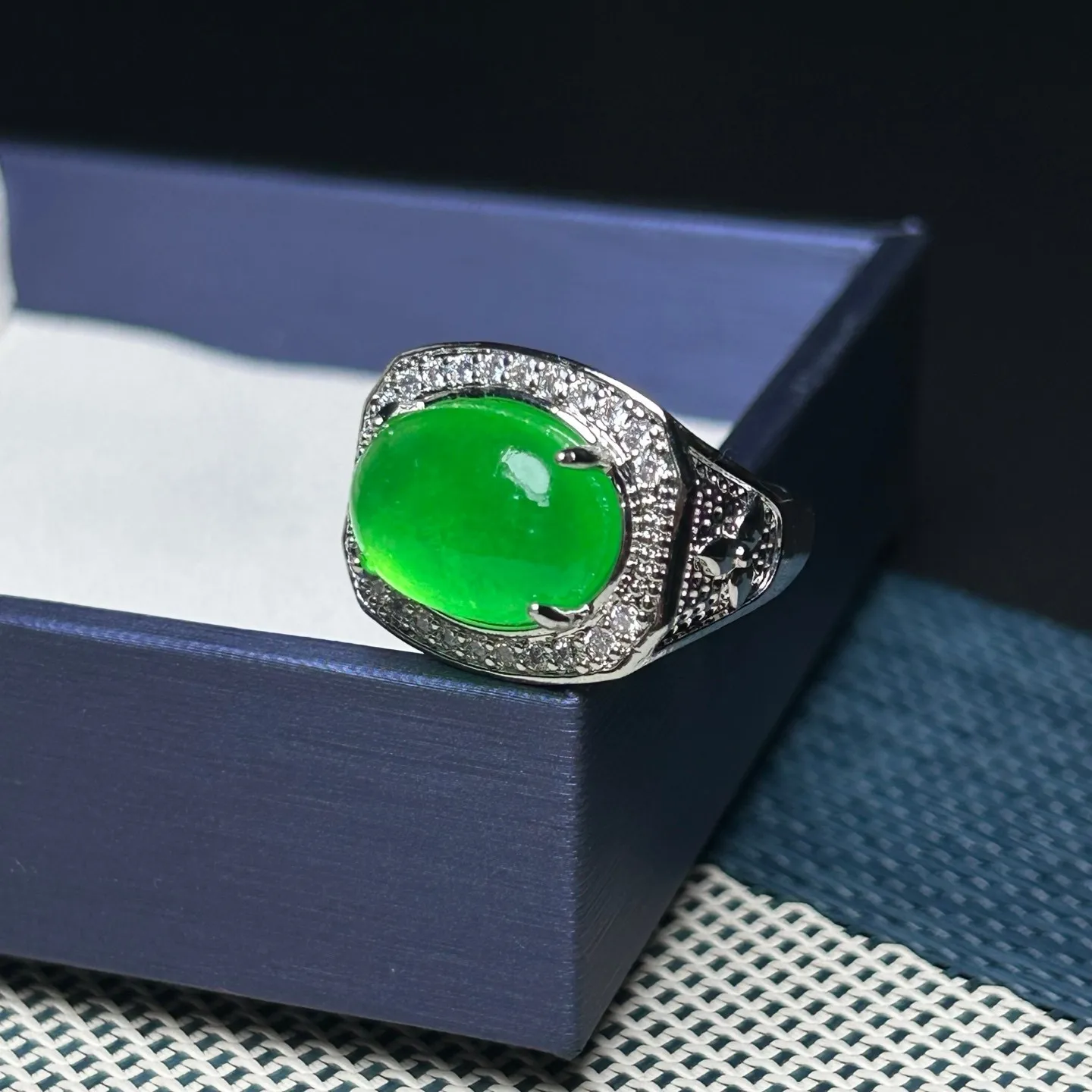 AAA Real Natural Inlay Ice green Burmese Jade Jadeite Amulet Rings