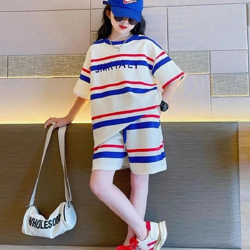Summer Girls Cotton Stripes Alphabet T-Shirt Tops+Drawstring Shorts Workout Sets School Kids 2PCS Tracksuit Child Outfits