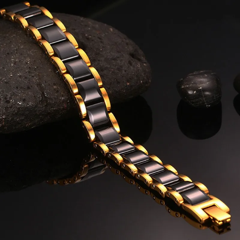 Fashion Black Magnetic Bracelet Men Energy Hematite Gold Ceramic Bracelet Male Wristband Magnetic Men Hand Chain Link