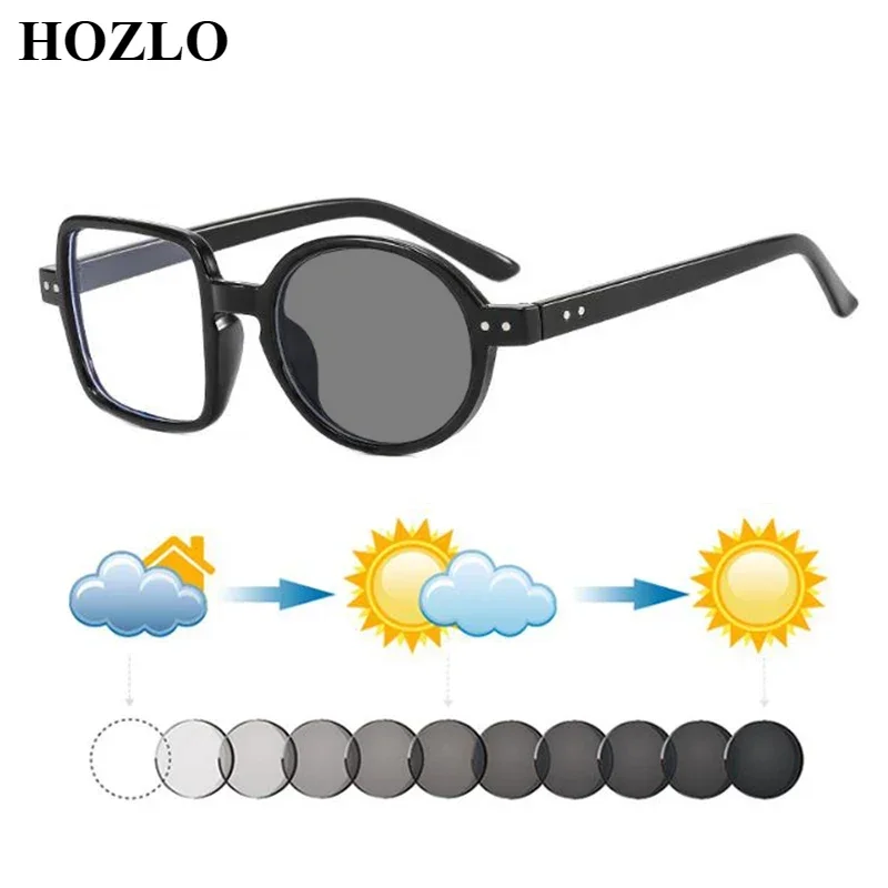 Asymmetrical Photochromic Reading Sunglasses Magnifier Women Men Square Round Rivets Retro European American Fashion Glasses New