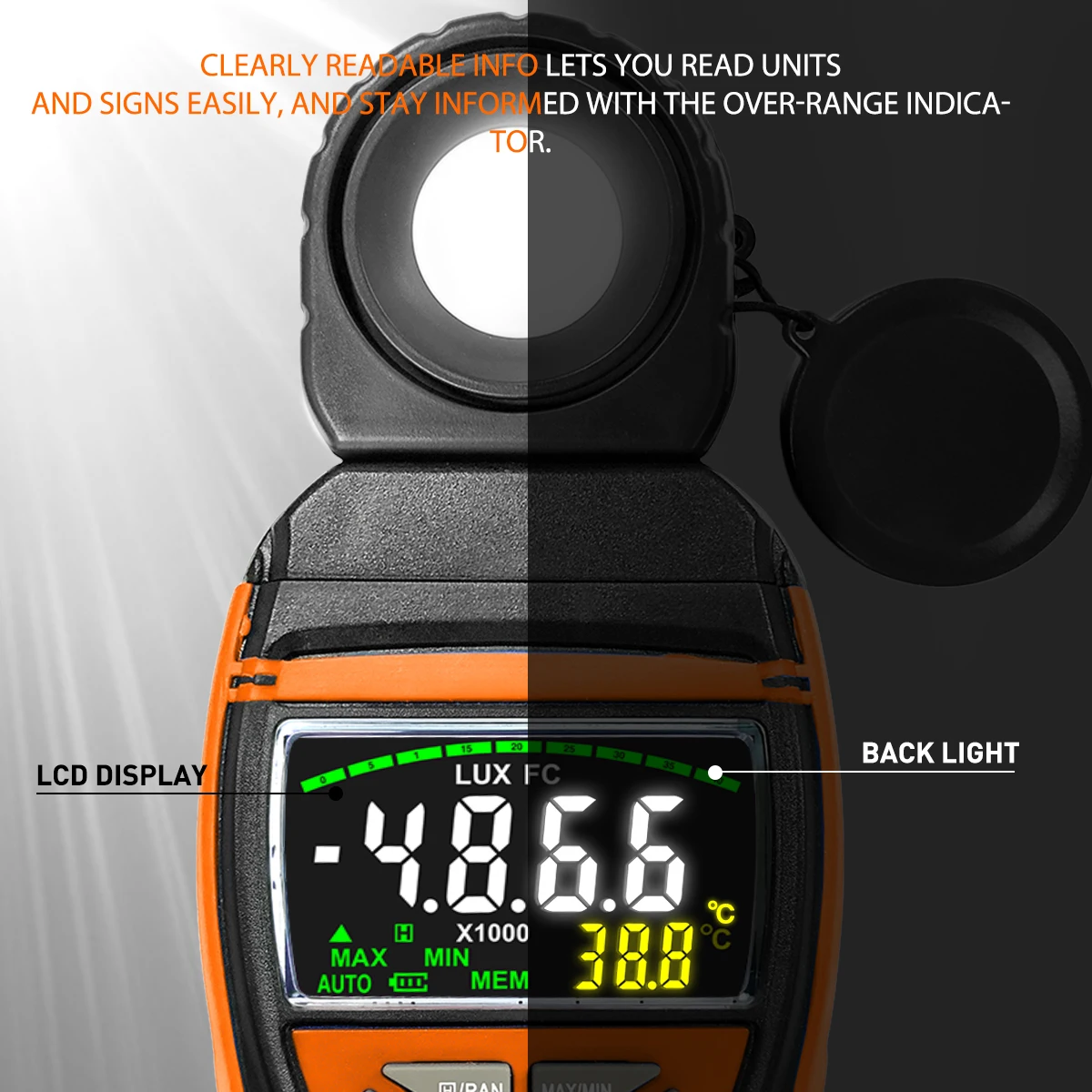 Digital Luxmeter Portable Photometer Light Meter 0.1~400,000 Lux with Data Hold, 270° Rotating Detector with LCD Display