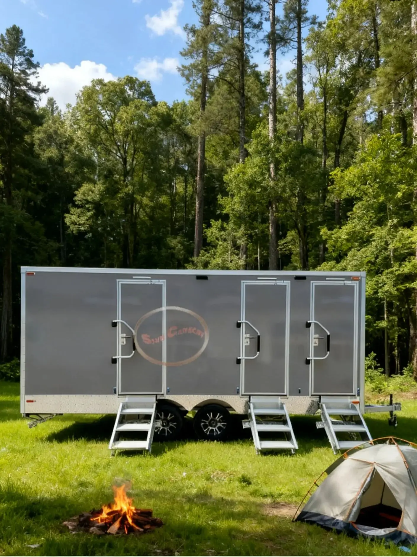 Outdoor Mobile Toilet with Gray Exterior Multiple Independent Compartment Doors Each with Toilet And Handwashing Station